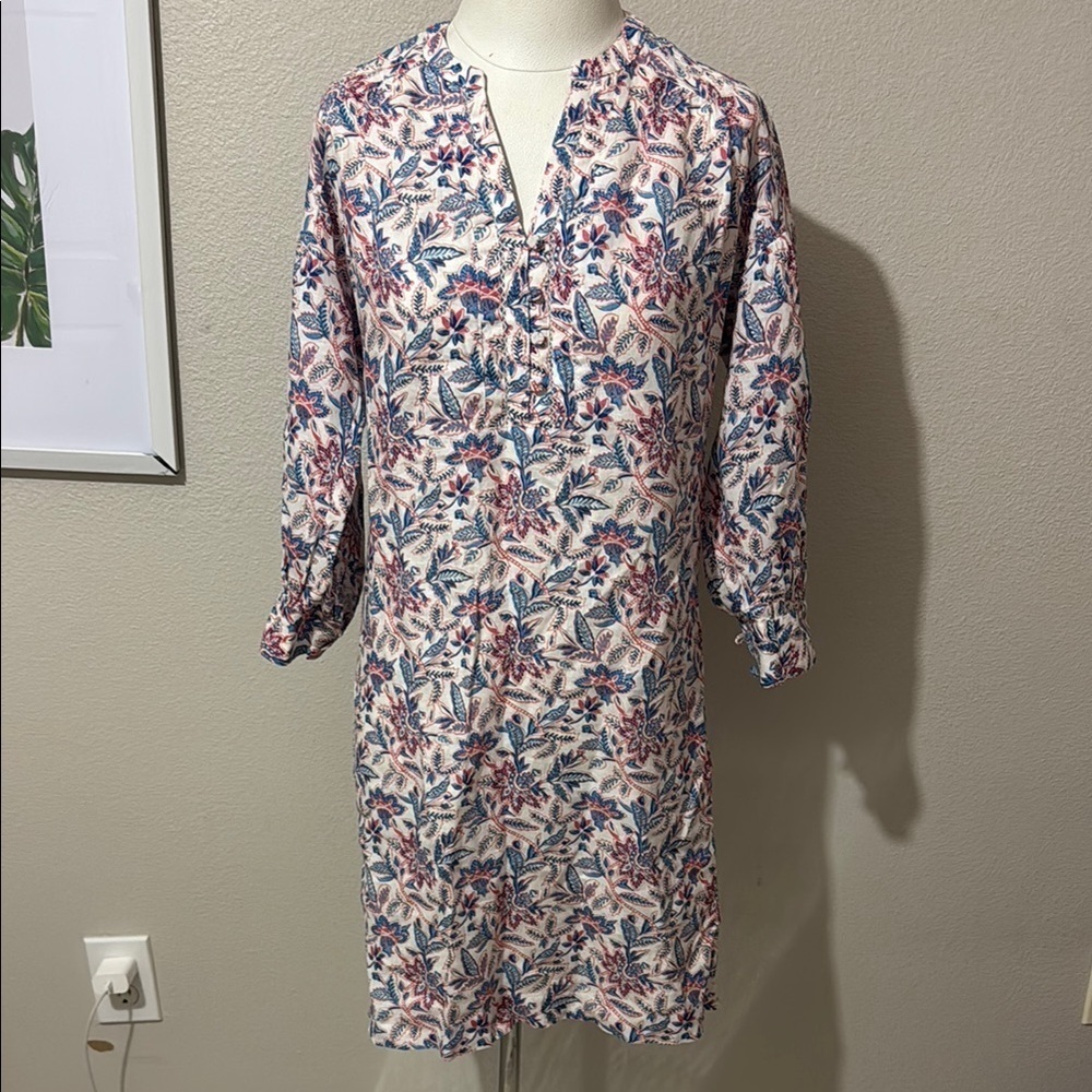 J. McLaughlin Women Dress Linen Floral Puff Sleeve Tunic Popover Lattice summer